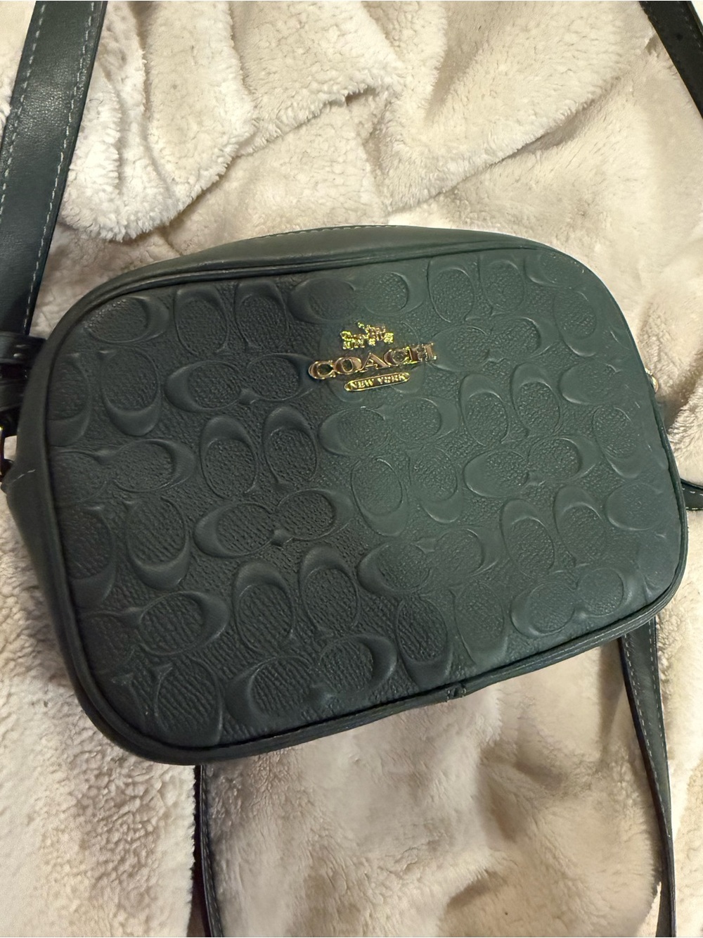 Coach Dark Green Pebbled Signature Crossbody Bag with Gold Logo